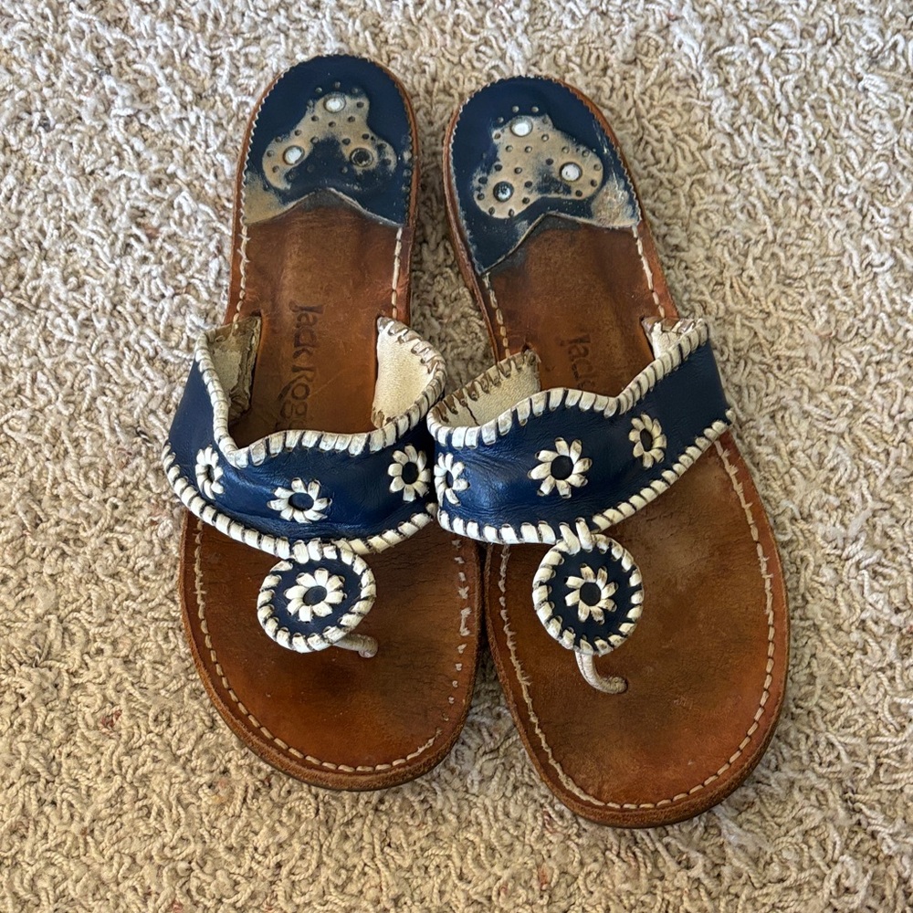 Jack Rogers Navy and White Leather Floral Scroll Sandals